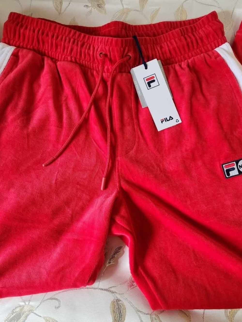 Fila Unisex Red Velour Jogger Pants with White Side Stripe Athleisure Medium - Picture 3 of 4
